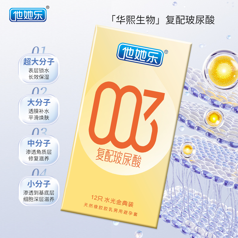 他她樂水光金典裝避孕套12只｜華熙生物復配玻尿酸，四重分子層層滋養(yǎng)，順滑如水不黏不膩男用安全套